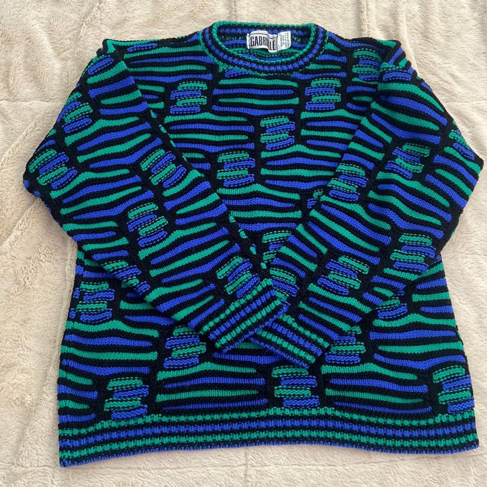 Vintage Gabrielle crewneck, cableknit sweater made in USA colors blue and green